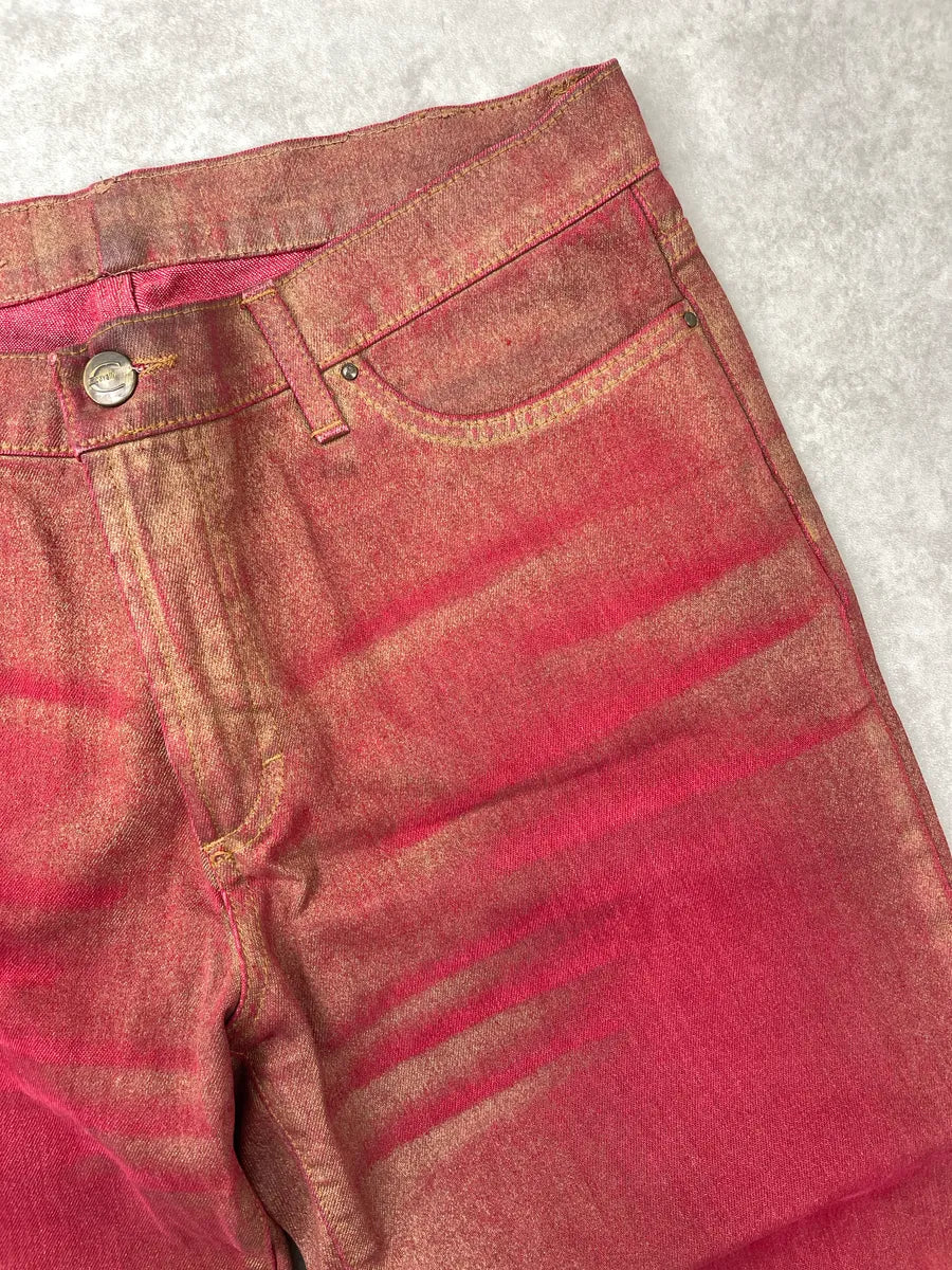 2000s Cavalli Red Denim Metallic Coated Extended Hem Jeans XxxLSSZF 7