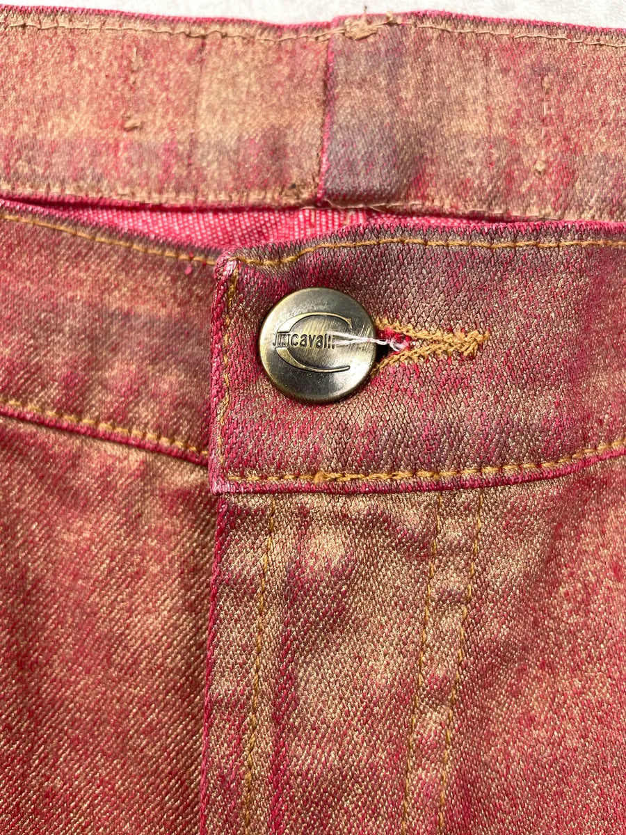 2000s Cavalli Red Denim Metallic Coated Extended Hem Jeans XxxLSSZF 8