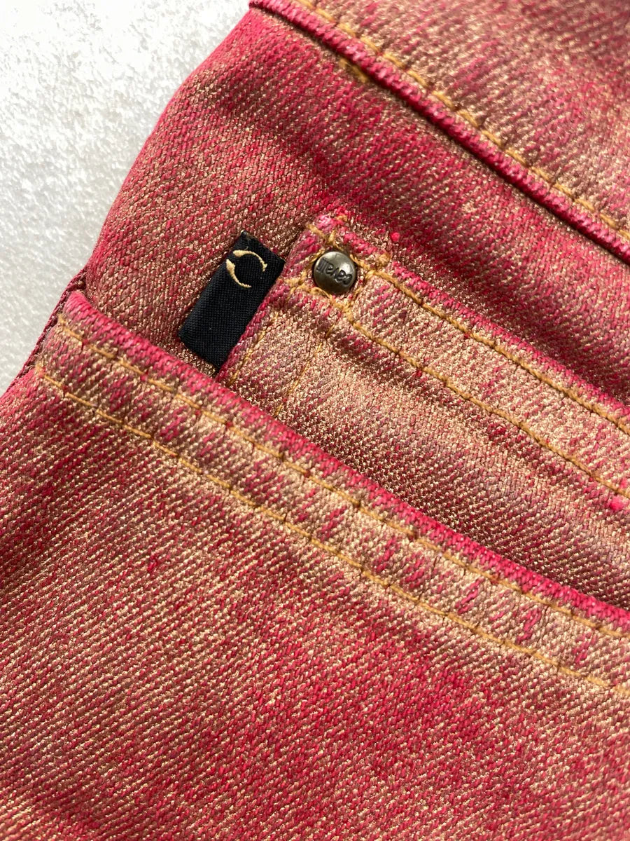 2000s Cavalli Red Denim Metallic Coated Extended Hem Jeans XxxLSSZF 11