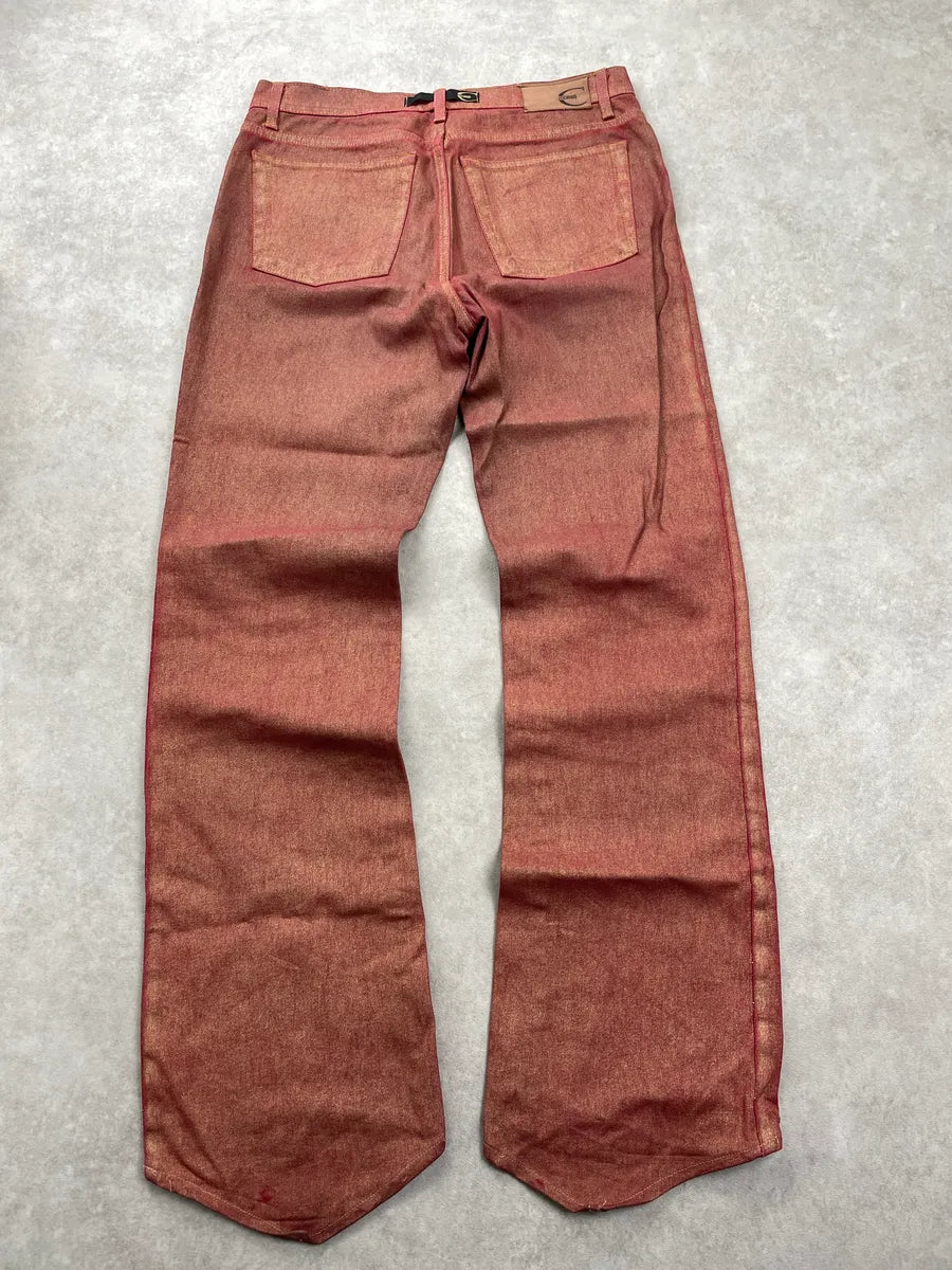 2000s Cavalli Red Denim Metallic Coated Extended Hem Jeans XxxLSSZF 4