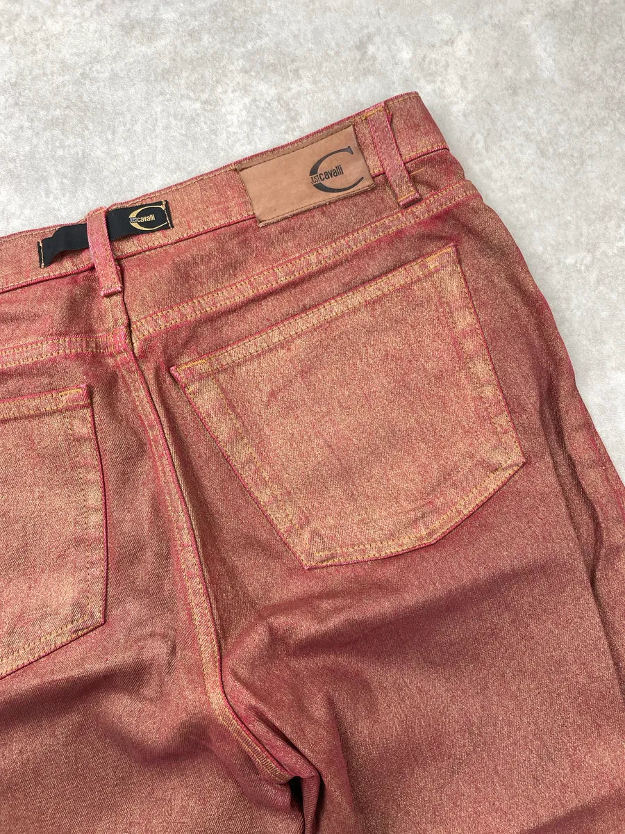 2000s Cavalli Red Denim Metallic Coated Extended Hem Jeans XxxLSSZF 9