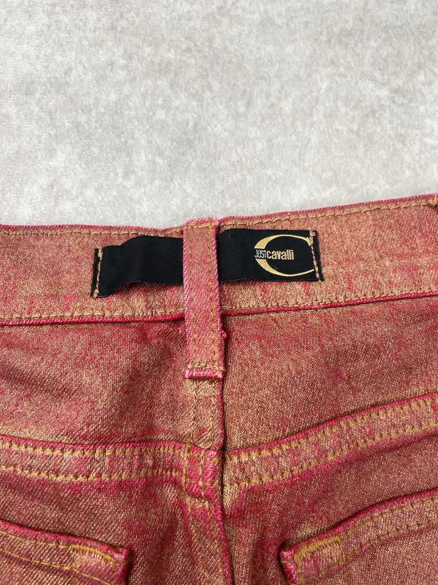 2000s Cavalli Red Denim Metallic Coated Extended Hem Jeans XxxLSSZF 12