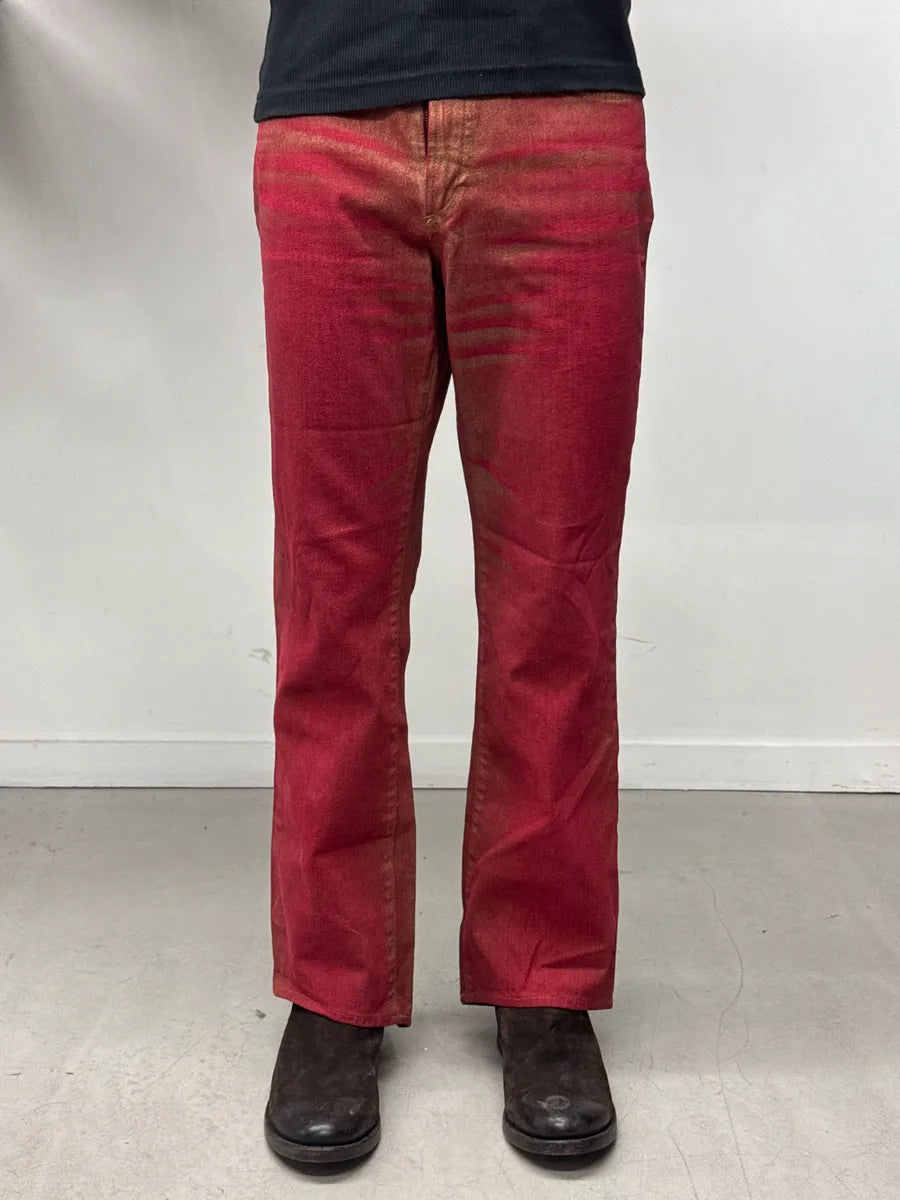 2000s Cavalli Red Denim Metallic Coated Extended Hem Jeans XxxLSSZF 0