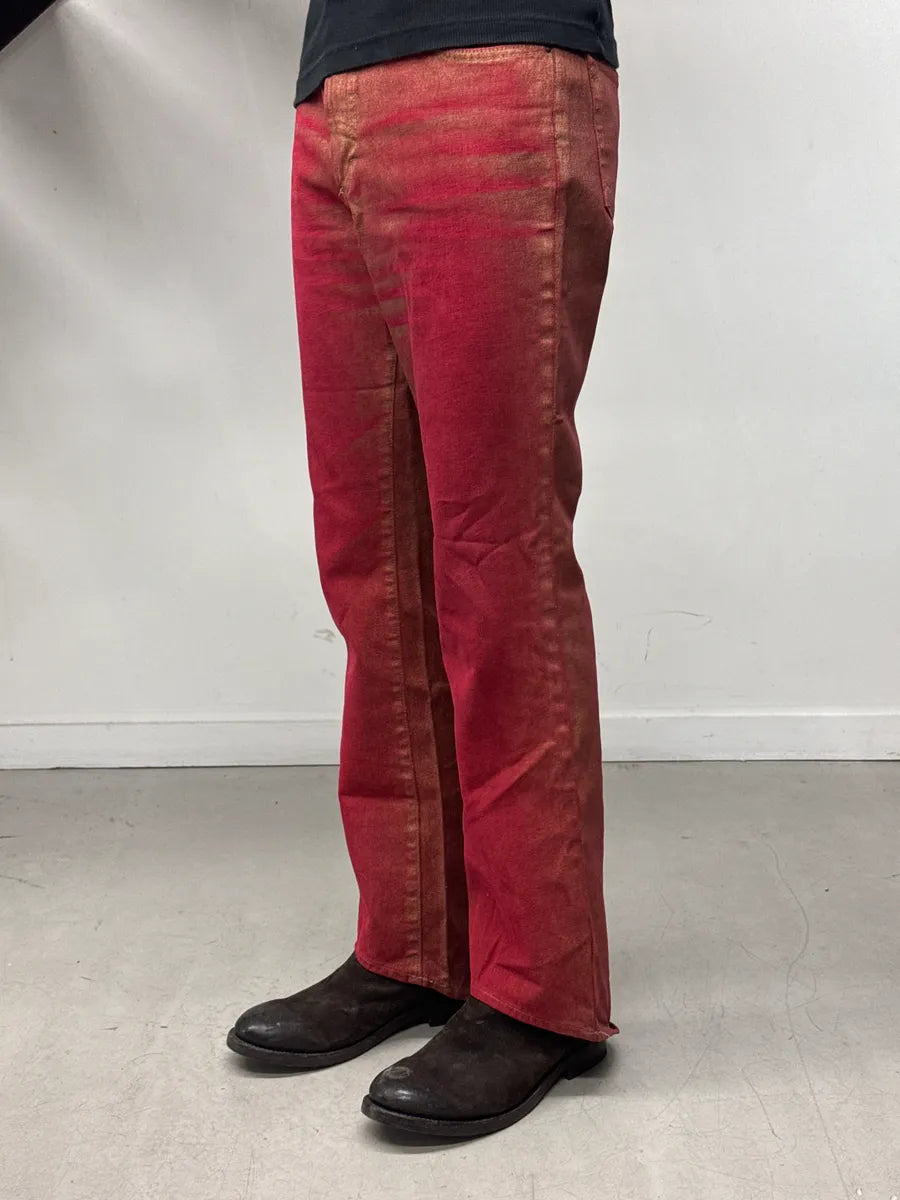 2000s Cavalli Red Denim Metallic Coated Extended Hem Jeans XxxLSSZF 1