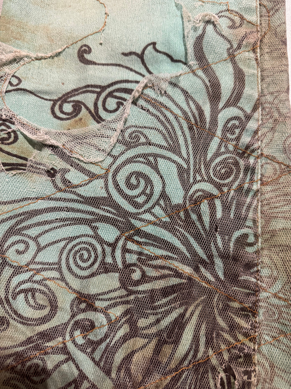 2000s Cavalli Destructured Artistic Floral Blue Pants (S) - 9