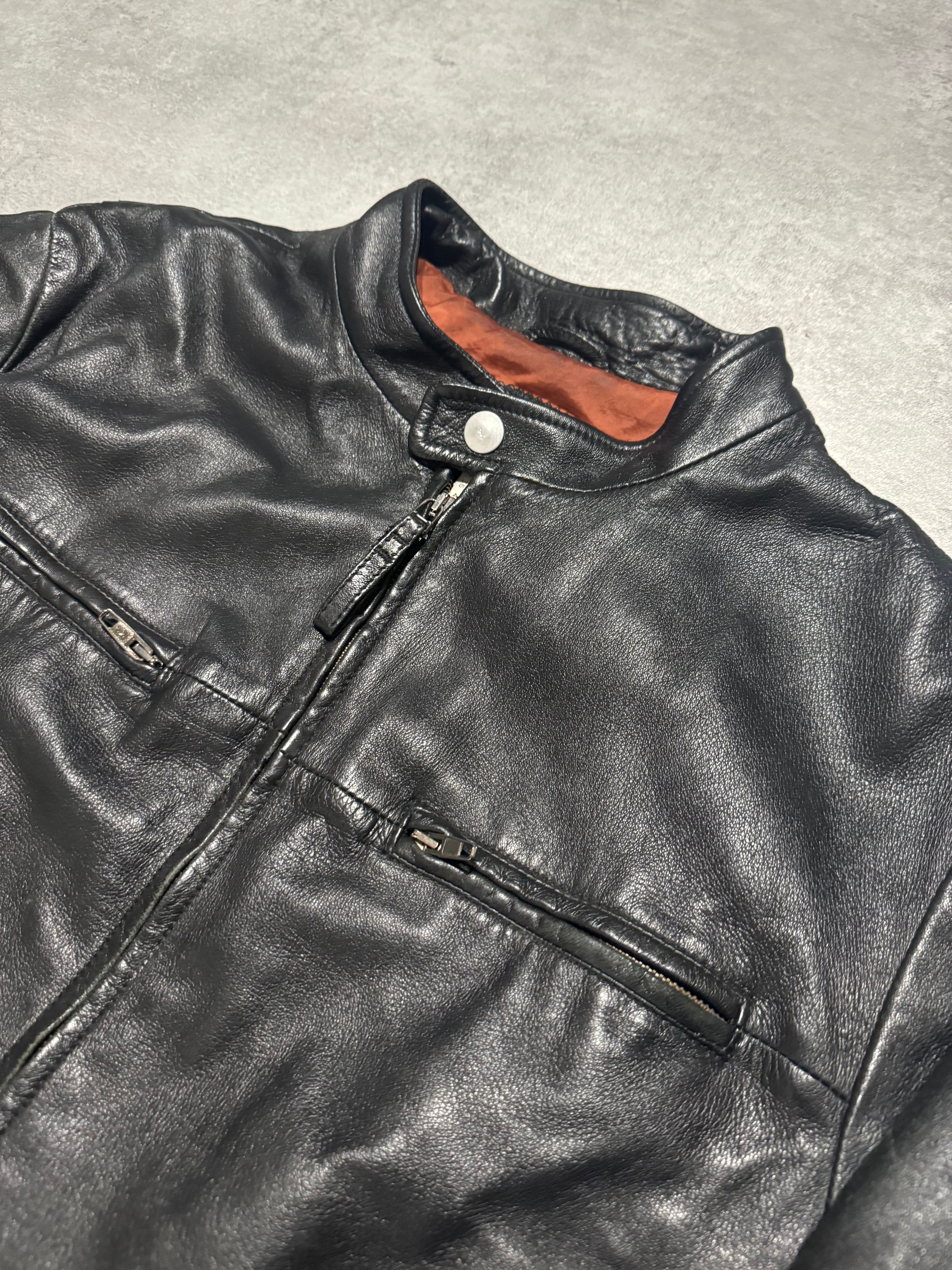 2000s Armani Black Structured Biker Leather Jacket (L) - 9