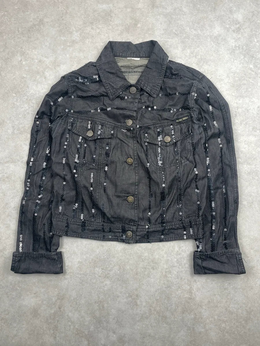 2000s Plein Sud Black Denim Sequin Stripe Cropped Denim Jacket YCJSpzif 0