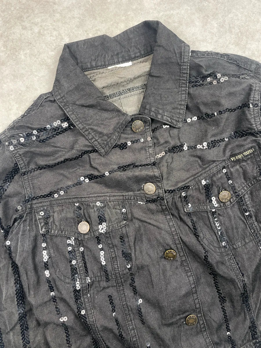 2000s Plein Sud Black Denim Sequin Stripe Cropped Denim Jacket YCJSpzif 5