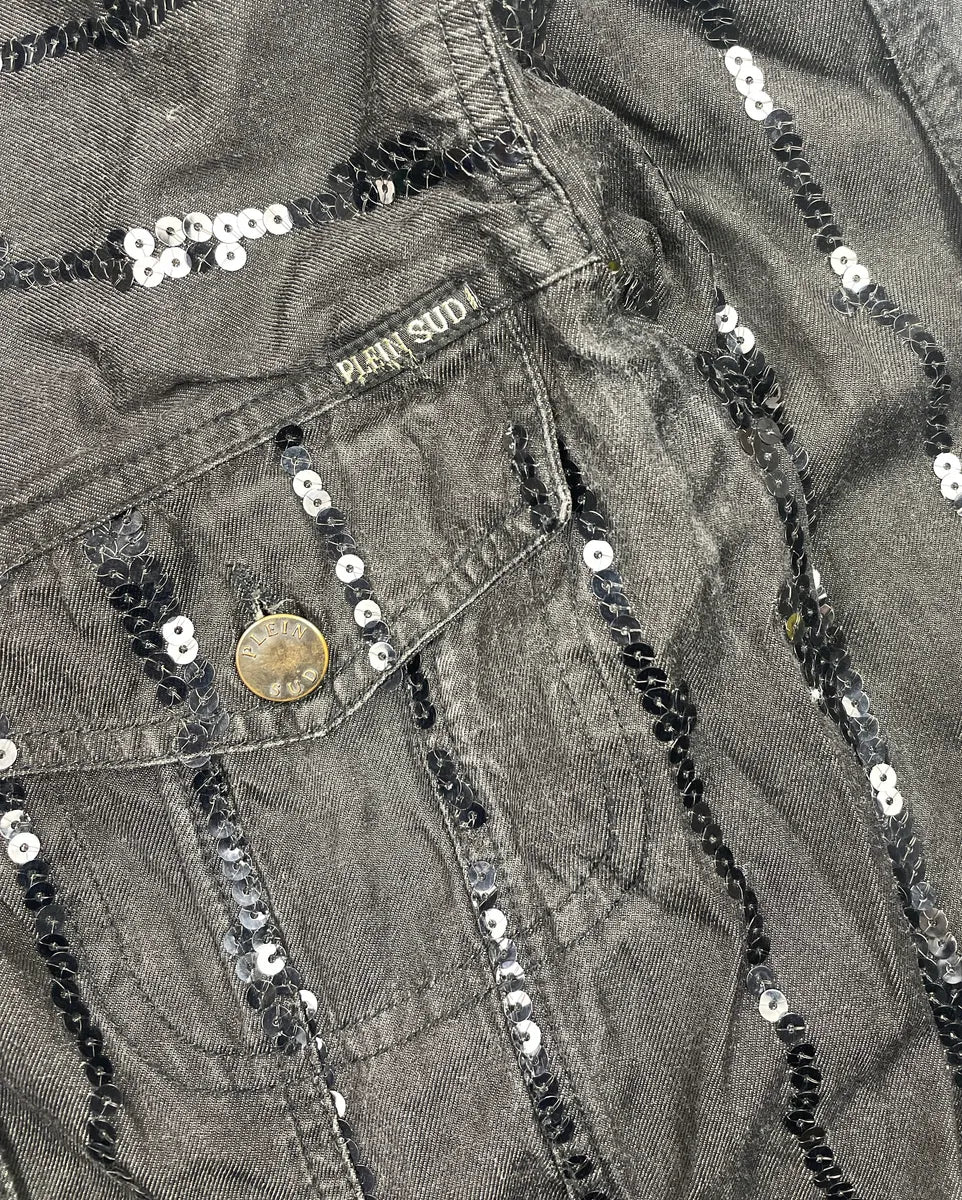 2000s Plein Sud Black Denim Sequin Stripe Cropped Denim Jacket YCJSpzif 6
