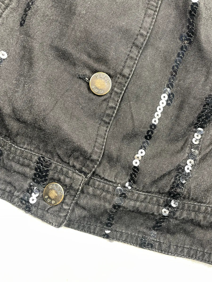 2000s Plein Sud Black Denim Sequin Stripe Cropped Denim Jacket YCJSpzif 7