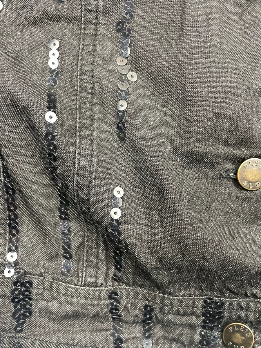 2000s Plein Sud Black Denim Sequin Stripe Cropped Denim Jacket YCJSpzif 8