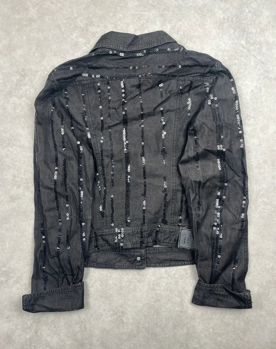 2000s Plein Sud Black Denim Sequin Stripe Cropped Denim Jacket YCJSpzif 3