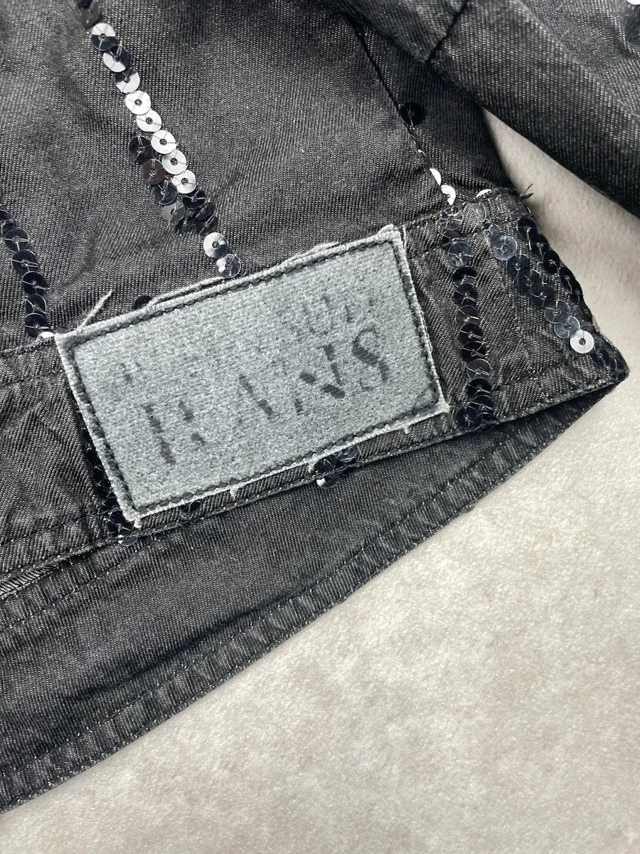 2000s Plein Sud Black Denim Sequin Stripe Cropped Denim Jacket YCJSpzif 10