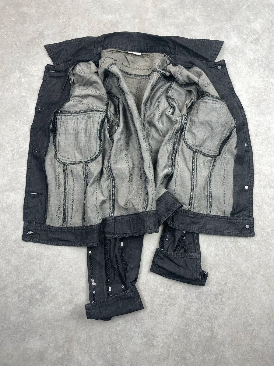 2000s Plein Sud Black Denim Sequin Stripe Cropped Denim Jacket YCJSpzif 4