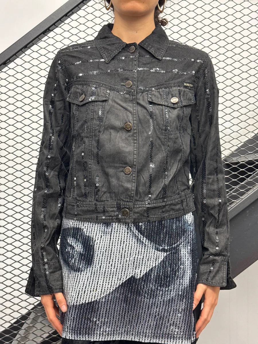 2000s Plein Sud Black Denim Sequin Stripe Cropped Denim Jacket YCJSpzif 1