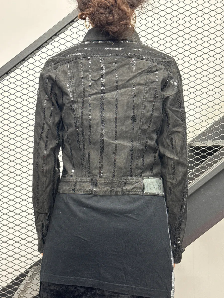 2000s Plein Sud Black Denim Sequin Stripe Cropped Denim Jacket YCJSpzif 2