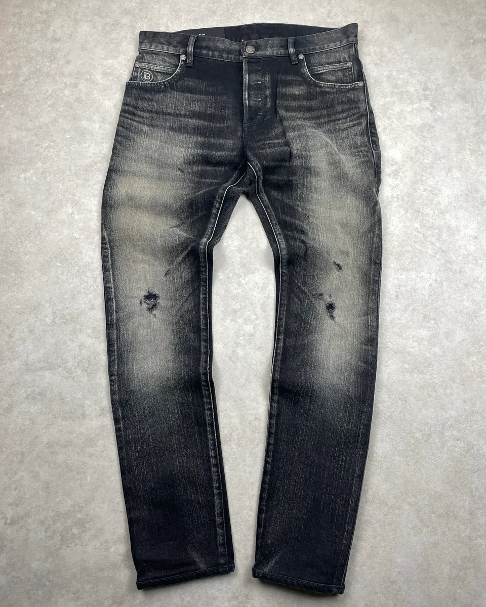 Balmain Black Grey Faded Denim Distressed Washed Jeans YEKUfWvX 0