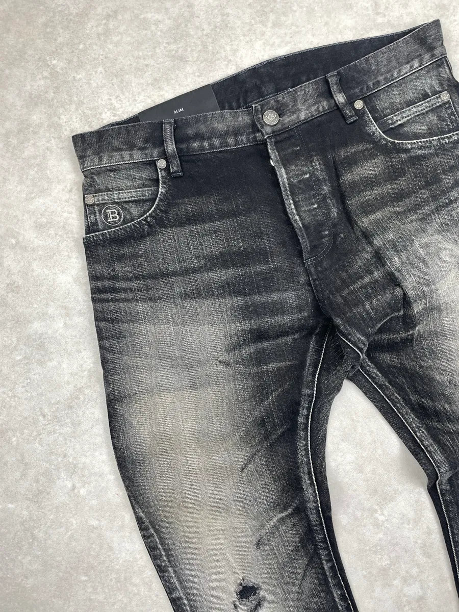 Balmain Black Grey Faded Denim Distressed Washed Jeans YEKUfWvX 6