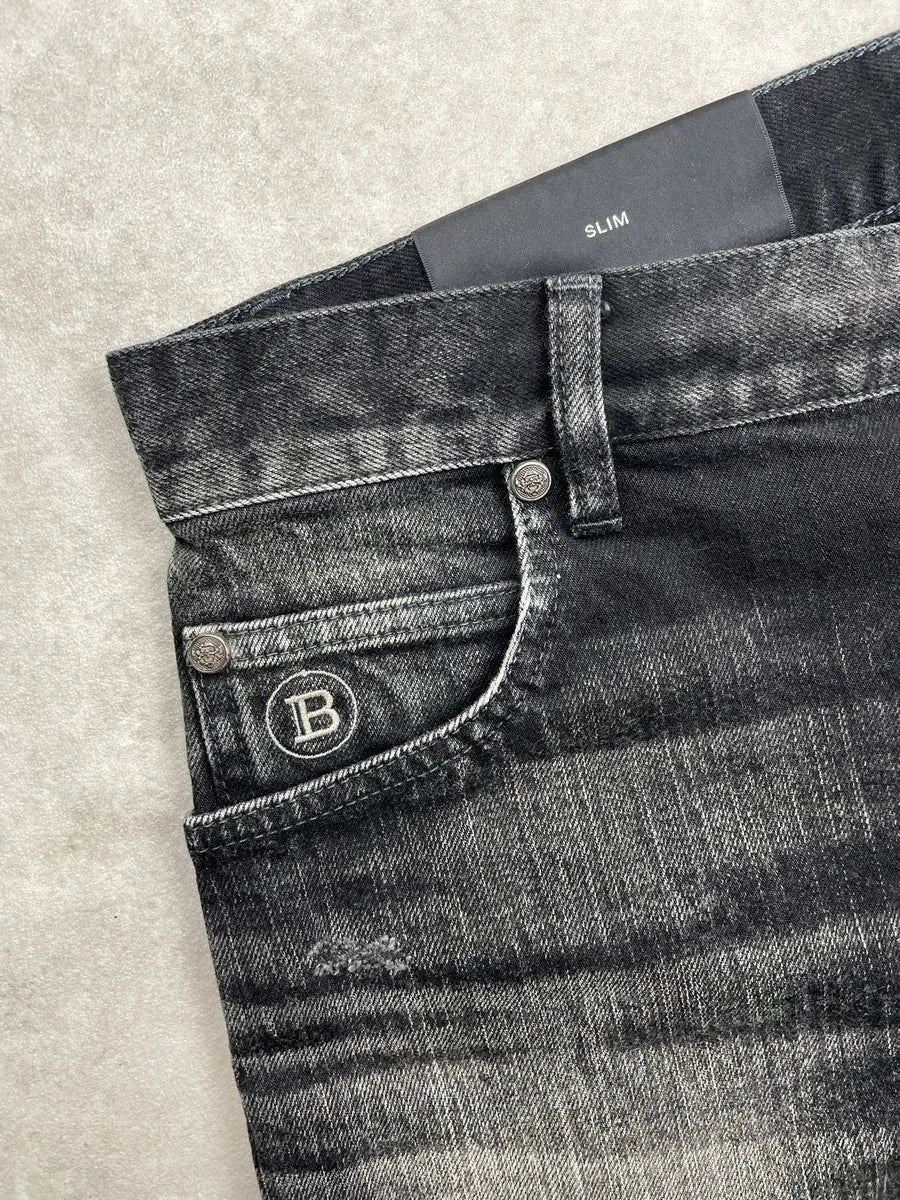 Balmain Black Grey Faded Denim Distressed Washed Jeans YEKUfWvX 7