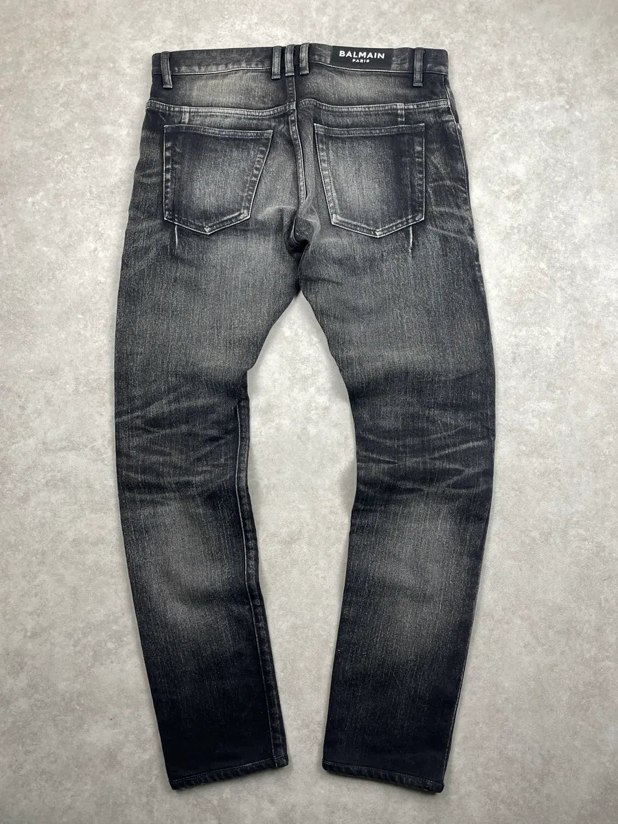 Balmain Black Grey Faded Denim Distressed Washed Jeans YEKUfWvX 4