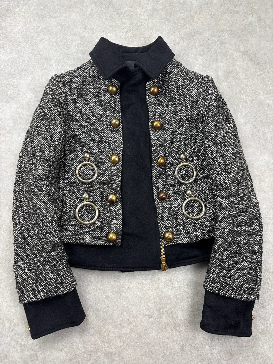 2000s Moschino Black & White Asymmetrical Tweed Wool Jacket YHSImjkx 0