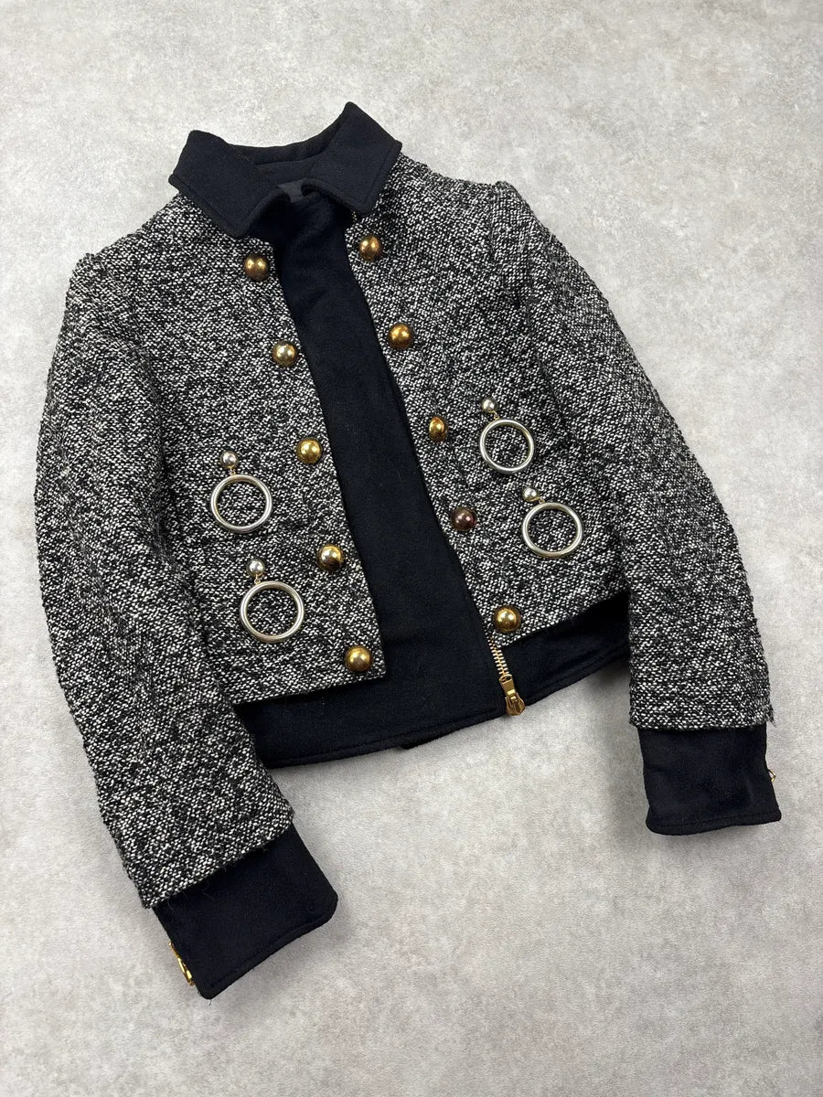 2000s Moschino Black & White Asymmetrical Tweed Wool Jacket YHSImjkx 3