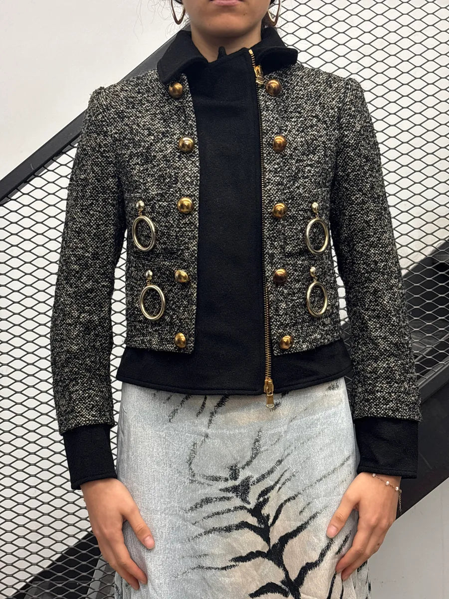 2000s Moschino Black & White Asymmetrical Tweed Wool Jacket YHSImjkx 1