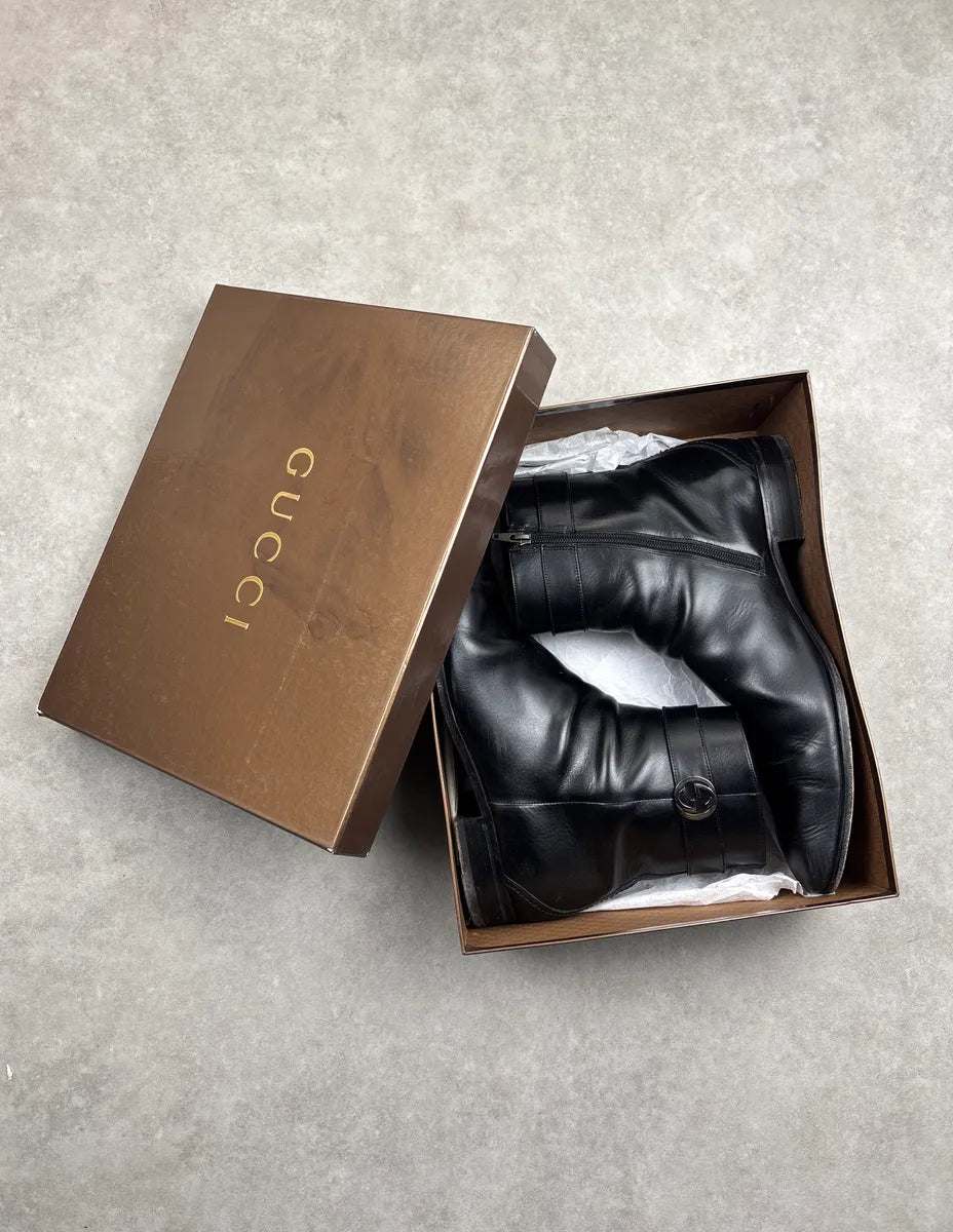 2000s Gucci Black Leather GG Logo Squared Toe Boots YHqxulMl 2