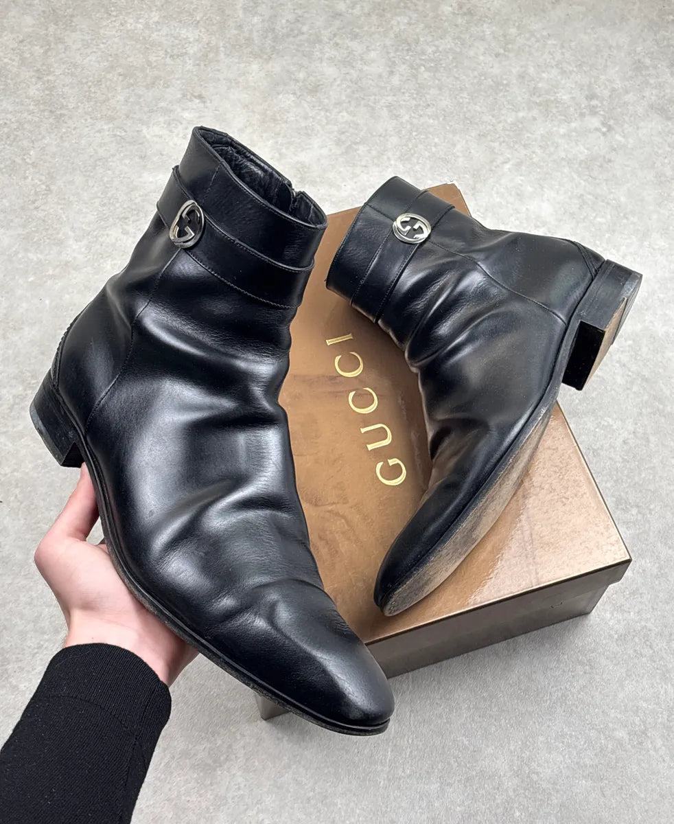 2000s Gucci Black Leather GG Logo Squared Toe Boots YHqxulMl 0
