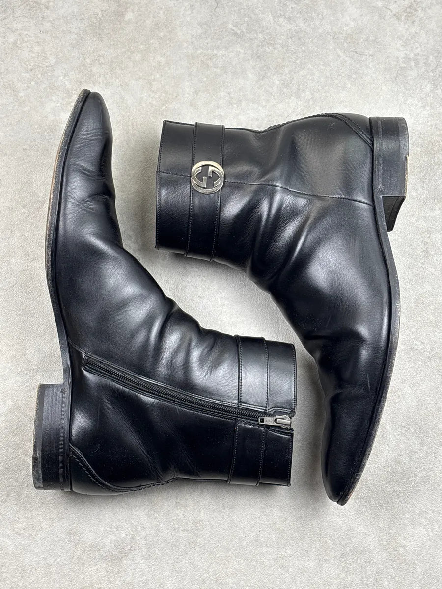 2000s Gucci Black Leather GG Logo Squared Toe Boots YHqxulMl 1