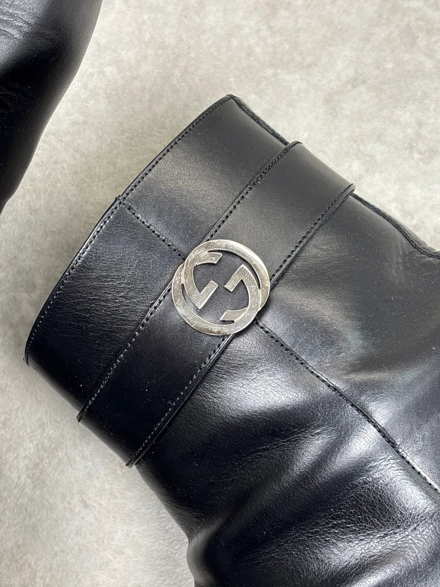 2000s Gucci Black Leather GG Logo Squared Toe Boots YHqxulMl 8