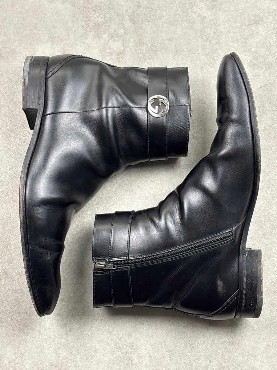 2000s Gucci Black Leather GG Logo Squared Toe Boots YHqxulMl 5