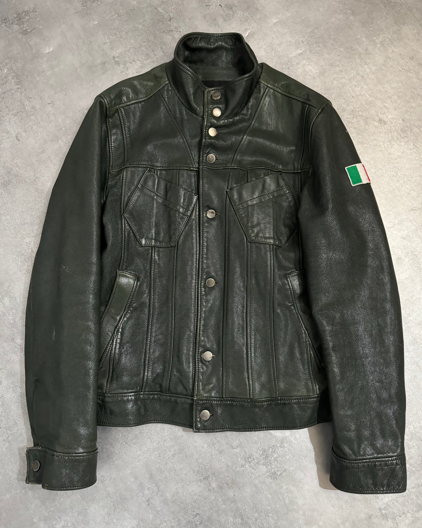 2000s Dolce & Gabbana Italian Deep Green Biker Leather Jacket (L) - 4