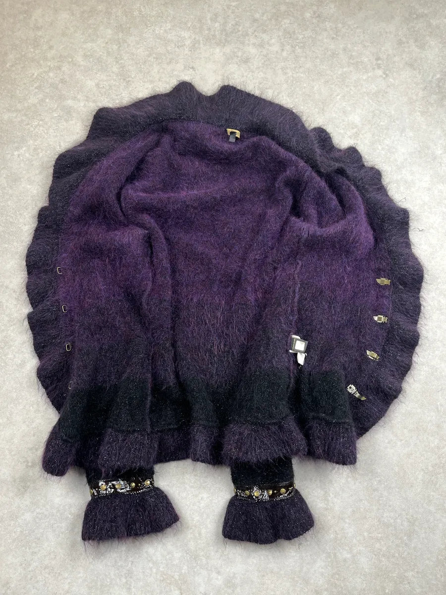 2000s Roberto Cavalli Dark Purple Mohair Beaded Ruffle Cardigan Jacket YMkefjlu 3