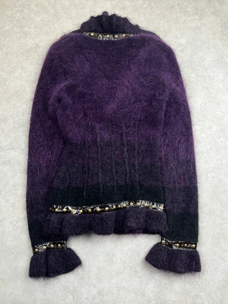 2000s Roberto Cavalli Dark Purple Mohair Beaded Ruffle Cardigan Jacket YMkefjlu 5