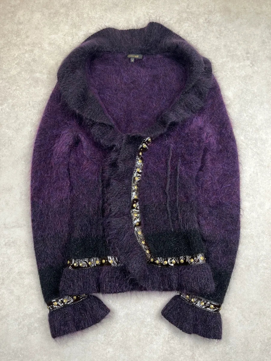 2000s Roberto Cavalli Dark Purple Mohair Beaded Ruffle Cardigan Jacket YMkefjlu 0