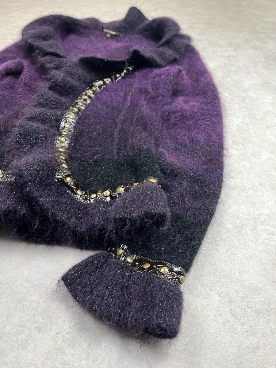 2000s Roberto Cavalli Dark Purple Mohair Beaded Ruffle Cardigan Jacket YMkefjlu 7