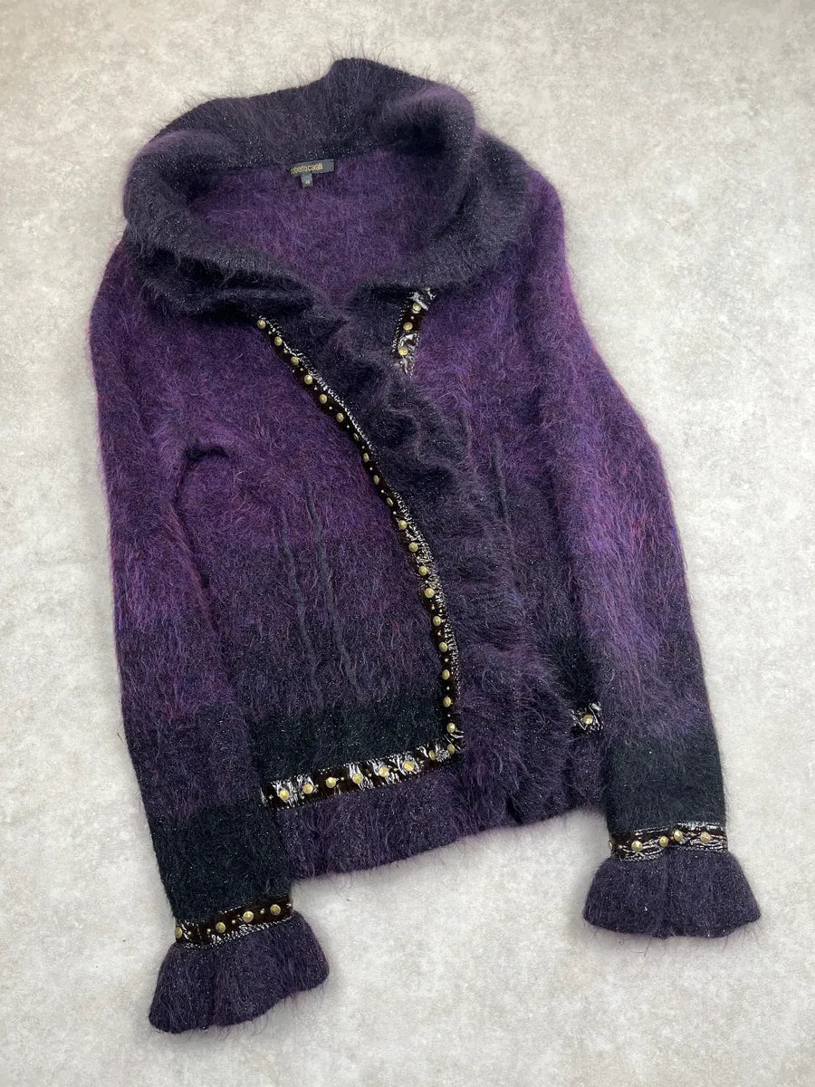 2000s Roberto Cavalli Dark Purple Mohair Beaded Ruffle Cardigan Jacket YMkefjlu 4