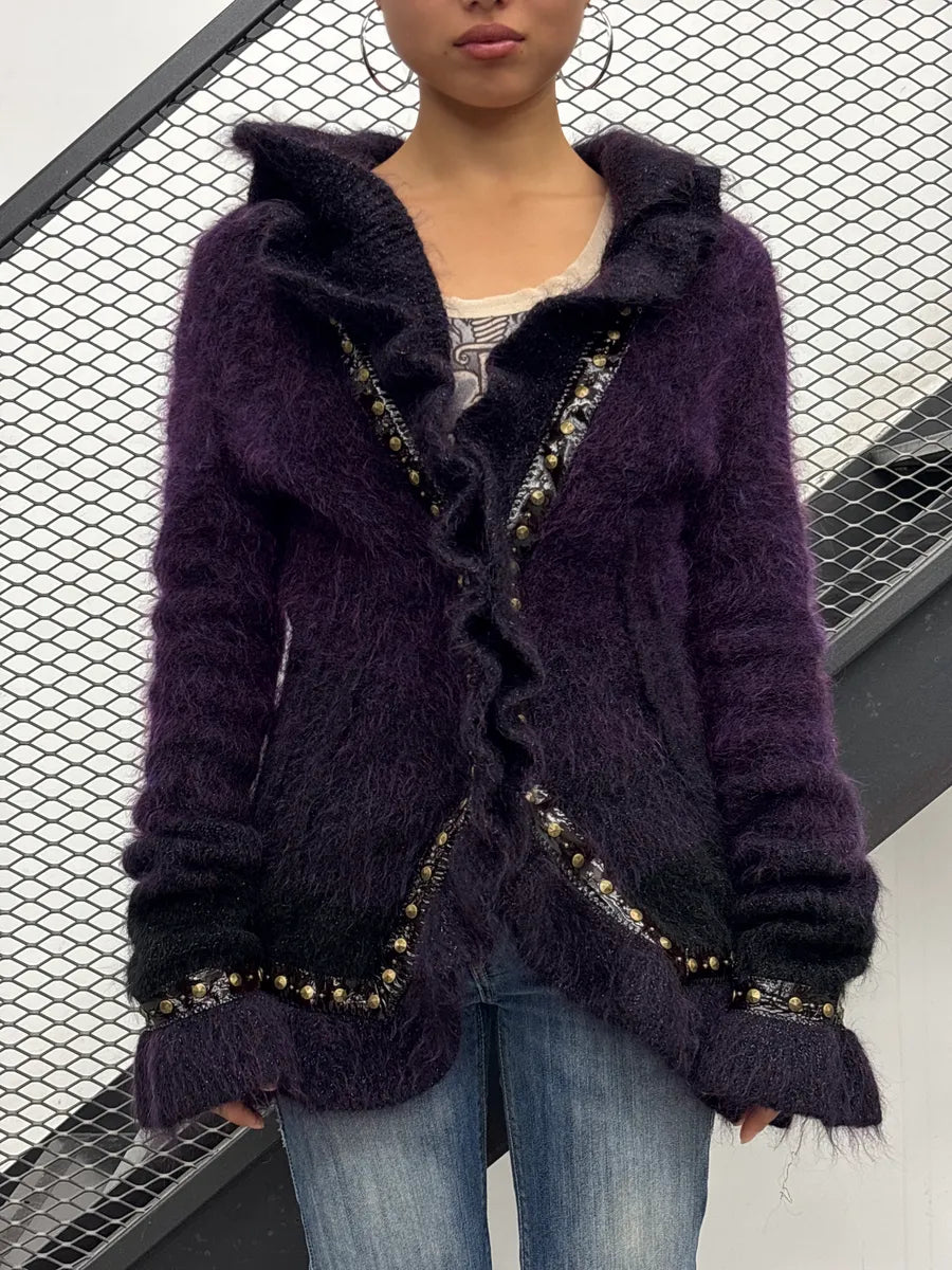 2000s Roberto Cavalli Dark Purple Mohair Beaded Ruffle Cardigan Jacket YMkefjlu 1