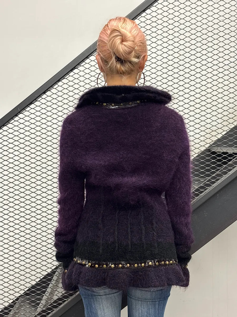 2000s Roberto Cavalli Dark Purple Mohair Beaded Ruffle Cardigan Jacket YMkefjlu 2