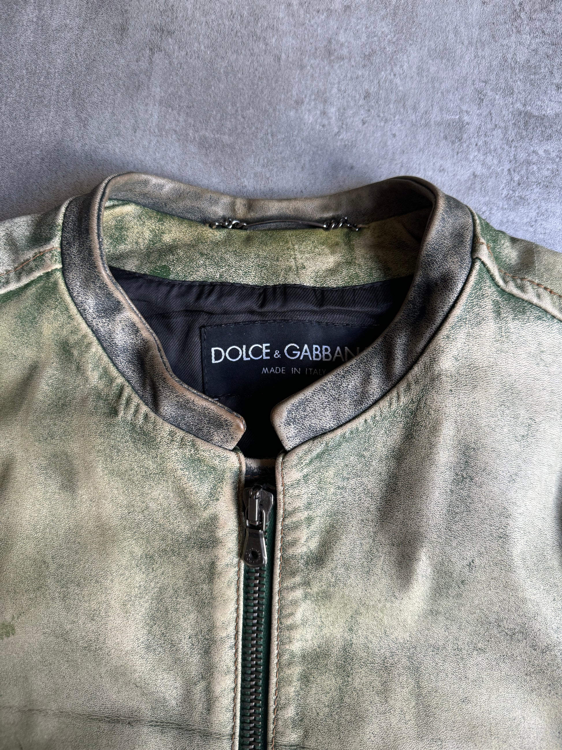 2000s Dolce & Gabbana Retro Effect Green Faded Racing Biker Leather Jacket  (S/M) - 5