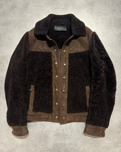 FW2002 Gucci Brown Shearling Lamb Fur Italian Leather Jacket (M) - 10