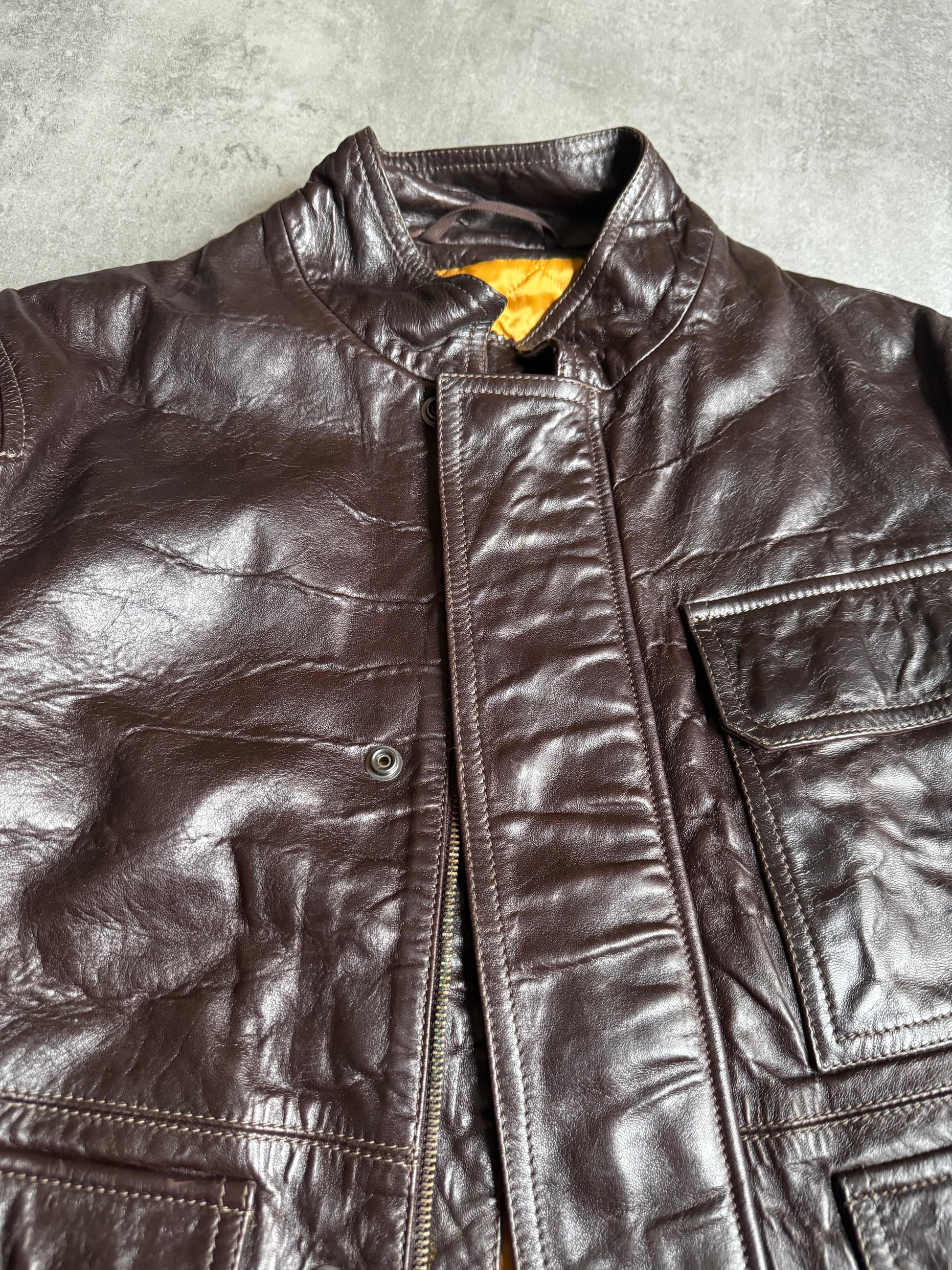 2000s Armani Brown Contemporary Plissed Leather Jacket (M) - 5