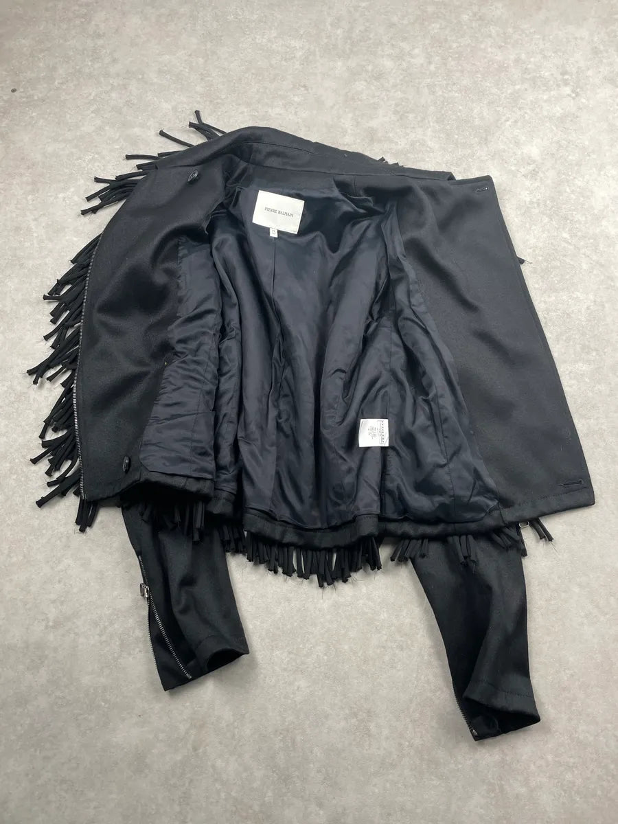 AW2012 Pierre Balmain Black Wool Fringe Zip-Up Cropped Light Jacket YXdGaiSz 7