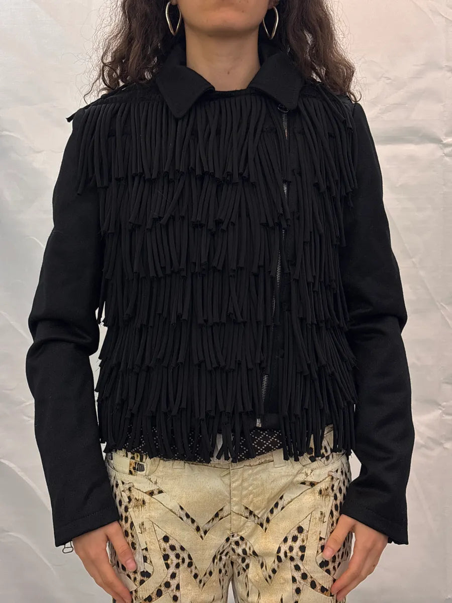 AW2012 Pierre Balmain Black Wool Fringe Zip-Up Cropped Light Jacket YXdGaiSz 1