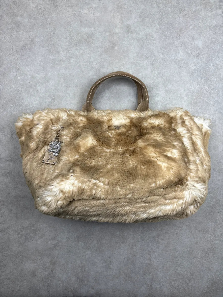 2000s Prada Beige Faux Fur Logo Handle Bag YcekEzCL 5