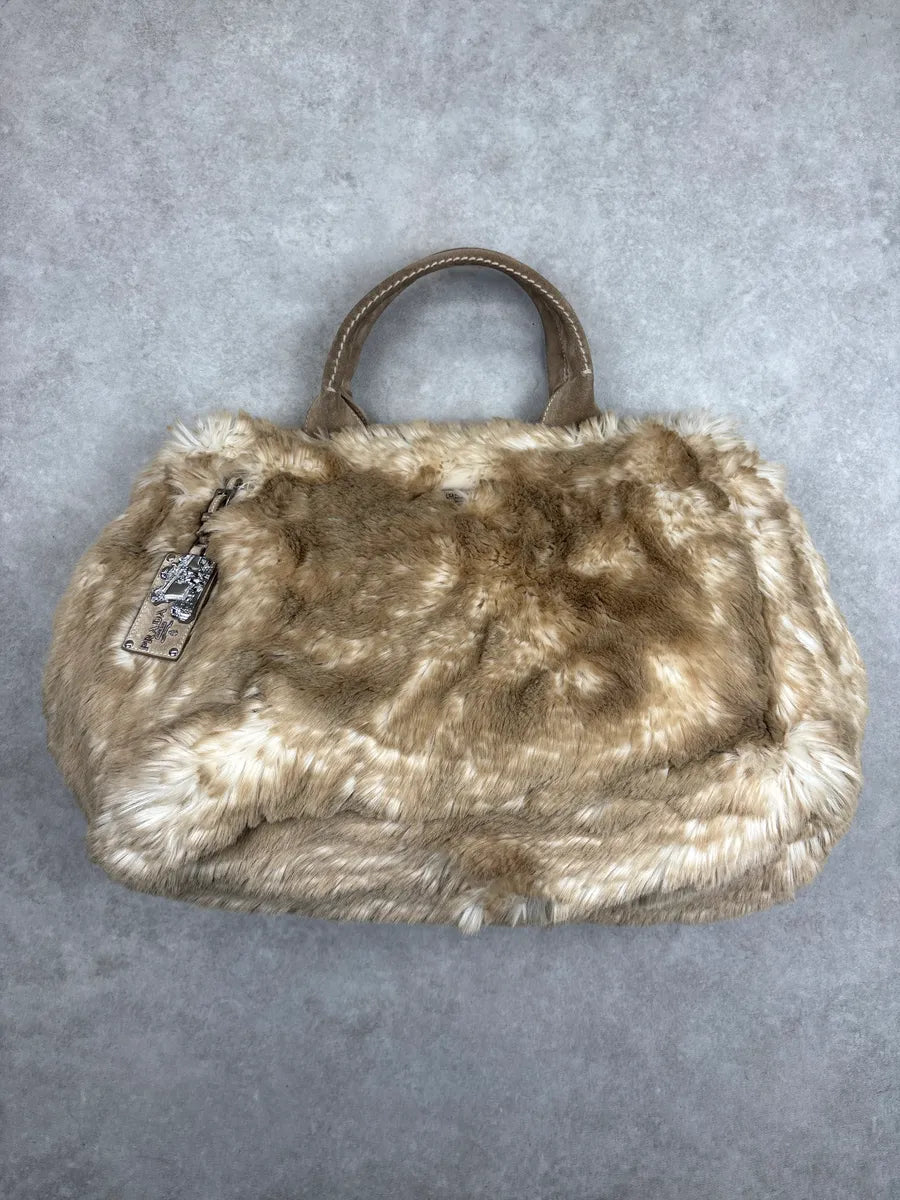 2000s Prada Beige Faux Fur Logo Handle Bag YcekEzCL 1