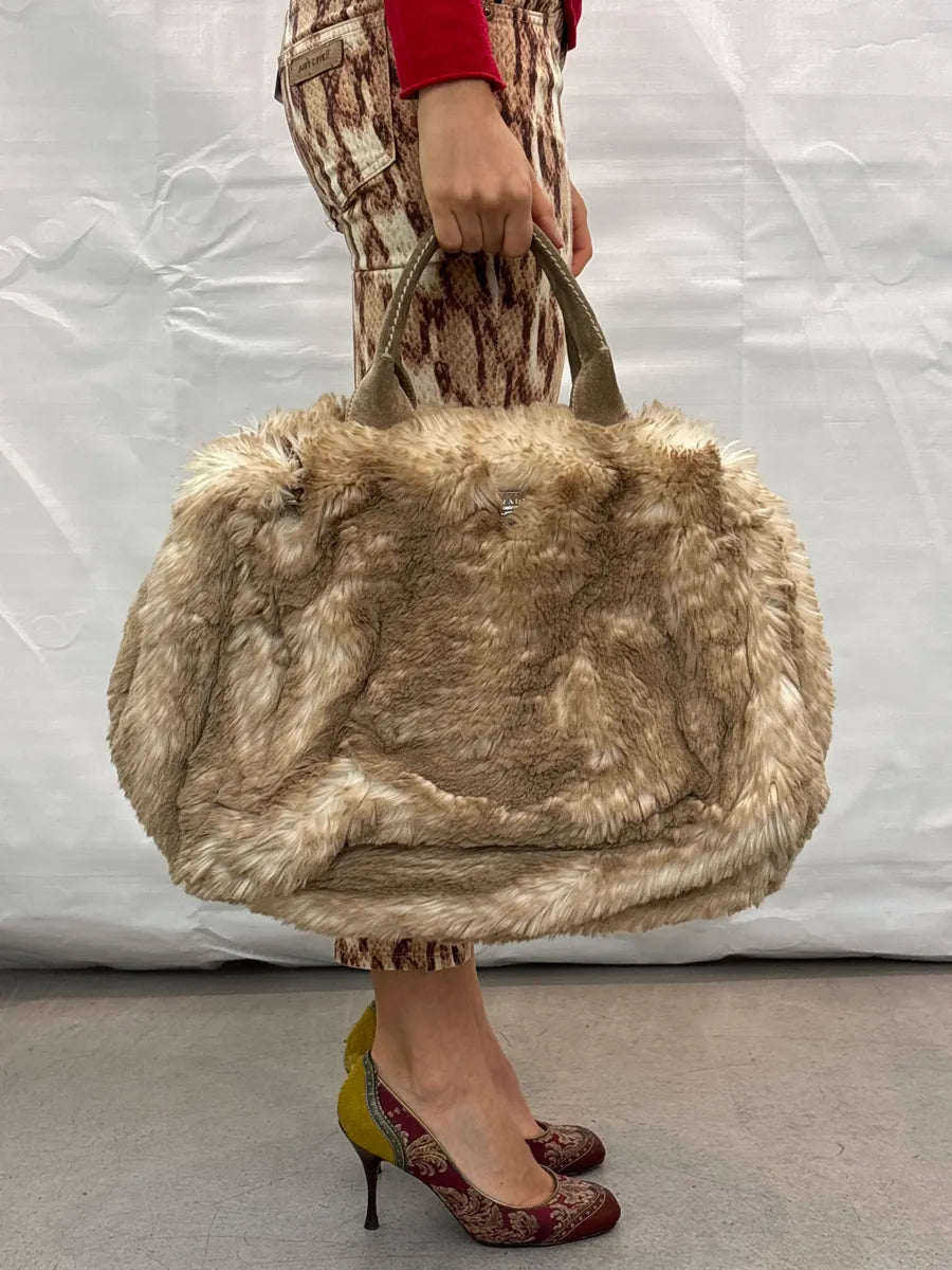 2000s Prada Beige Faux Fur Logo Handle Bag YcekEzCL 0