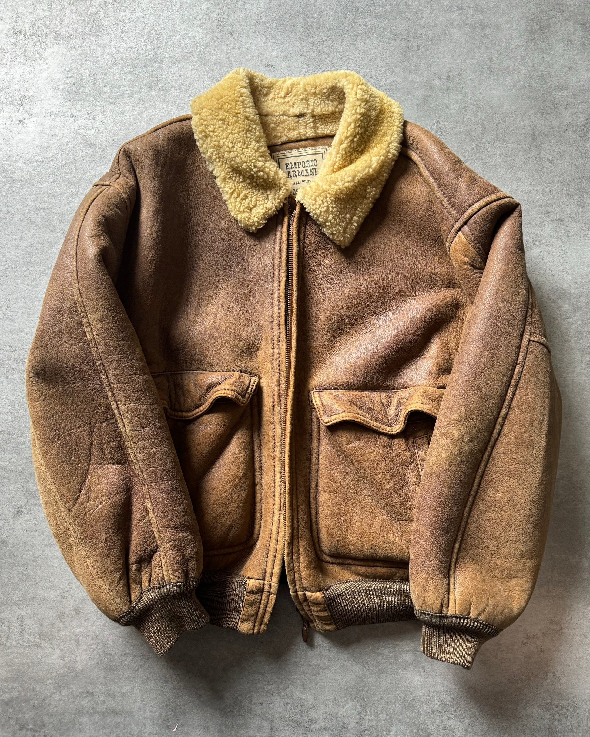1980s Emporio Armani Brown Shearling Leather Jacket (L) - 1