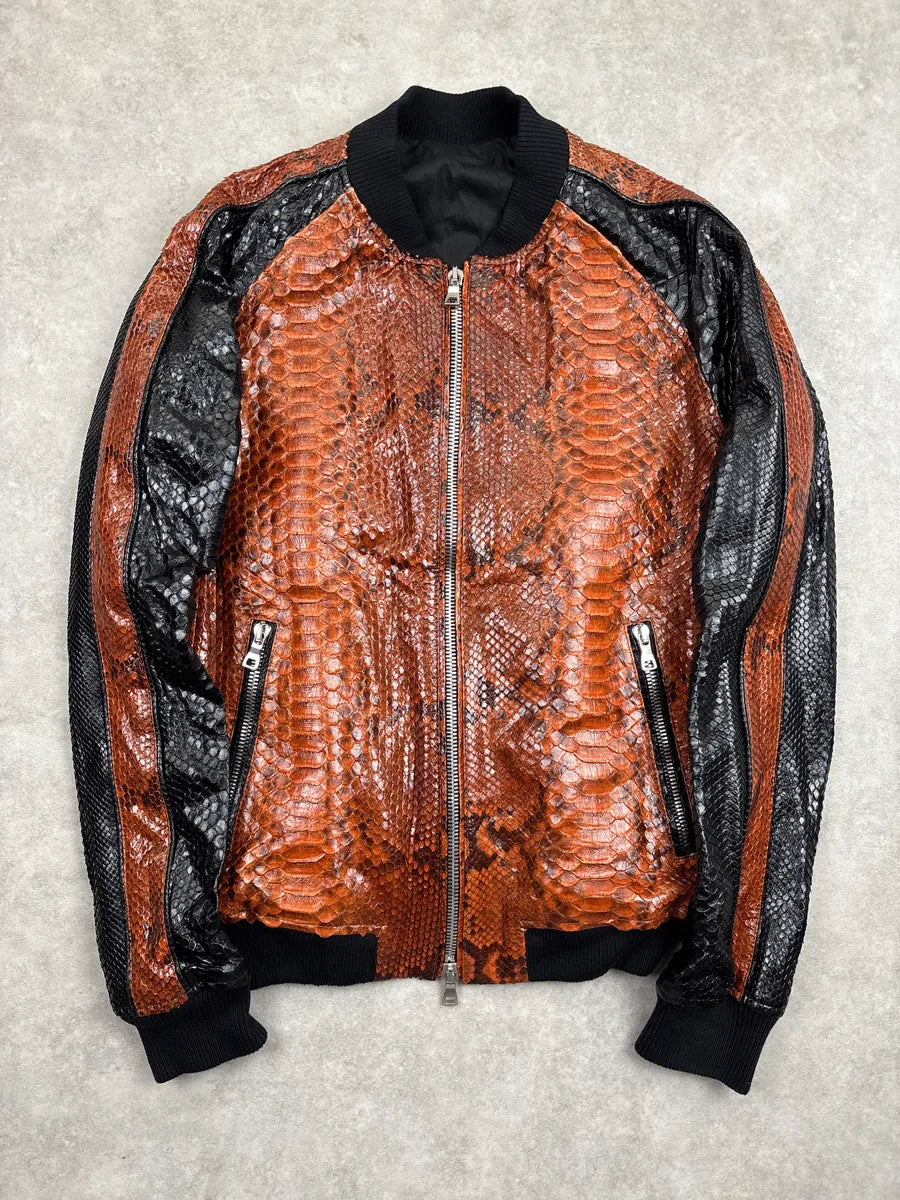 AW2018 Balmain Brown Black Python Leather Zip-Up Sample Bomber Jacket YjMXxtaz 0